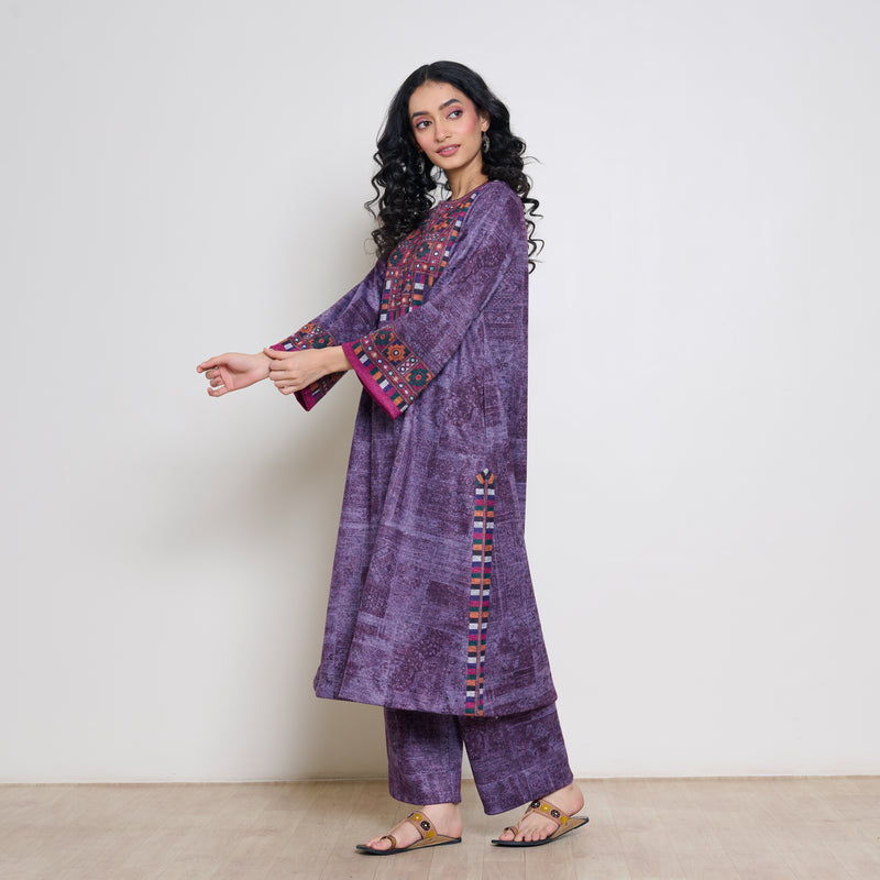 Banjara Woollen Hand Embroidered Kurta Set - Cherry Lacquer