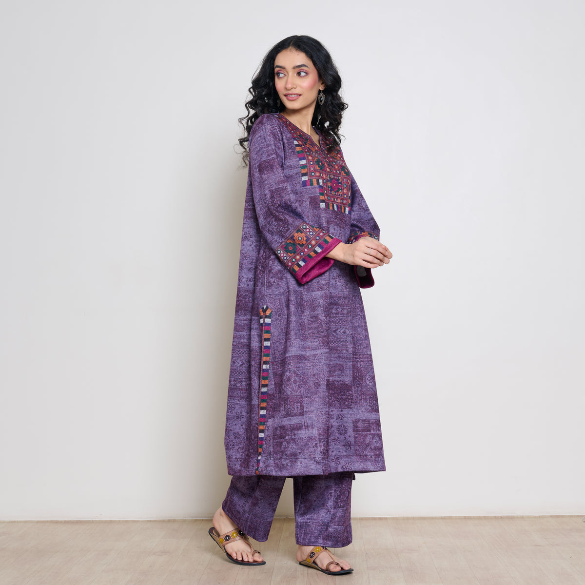 Banjara Woollen Hand Embroidered Kurta Set - Cherry Lacquer
