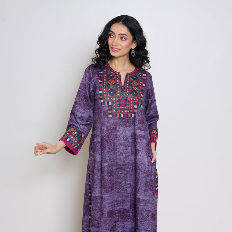 Banjara Woollen Hand Embroidered Kurta - Cherry Lacquer