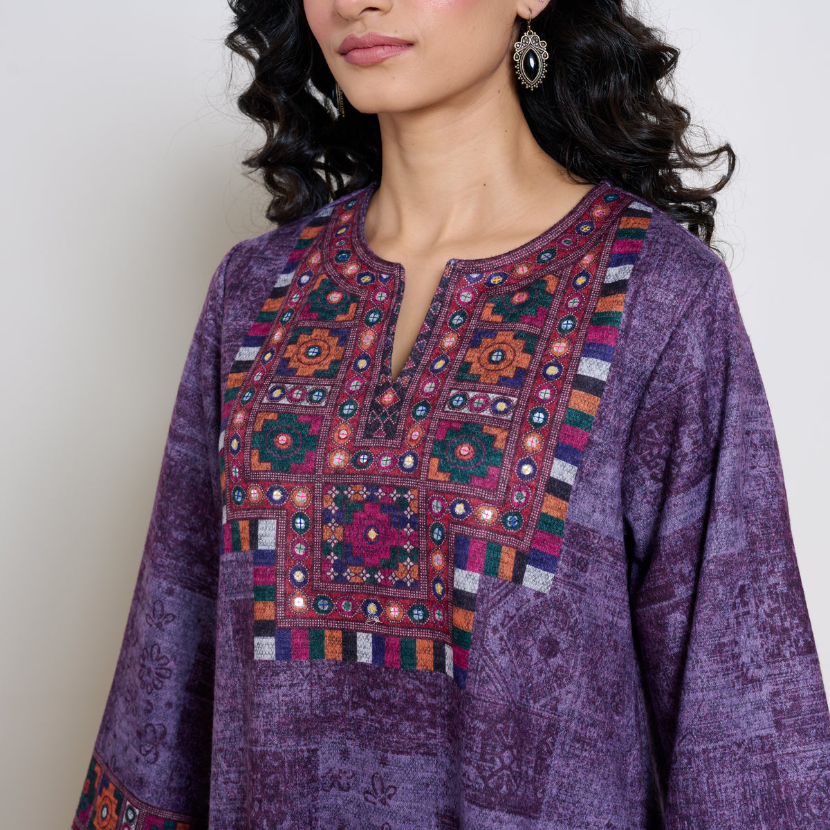Banjara Woollen Hand Embroidered Kurta Set - Cherry Lacquer