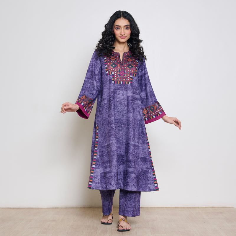 Banjara Woollen Hand Embroidered Kurta Set - Violet
