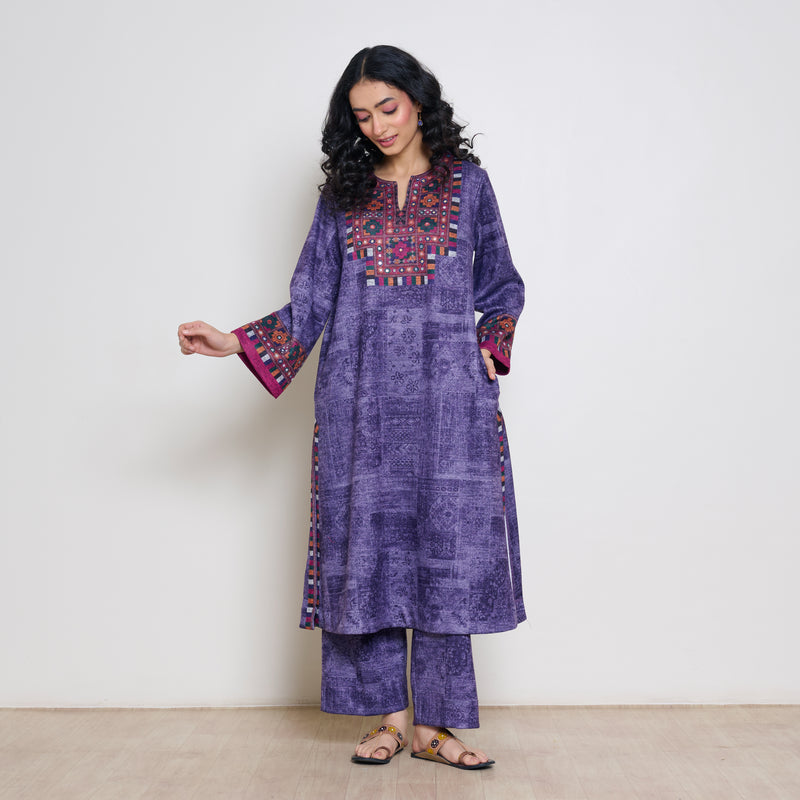 Banjara Woollen Hand Embroidered Kurta - Violet