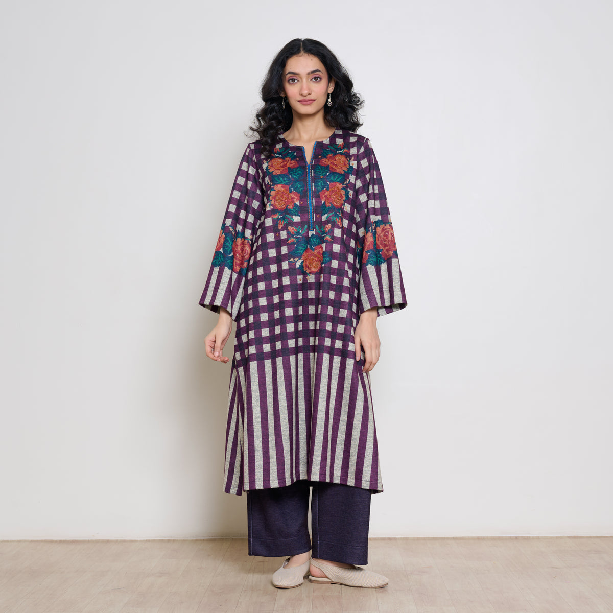 Evermore Woollen Hand Embroidered Kurta Set - Cherry Lacquer
