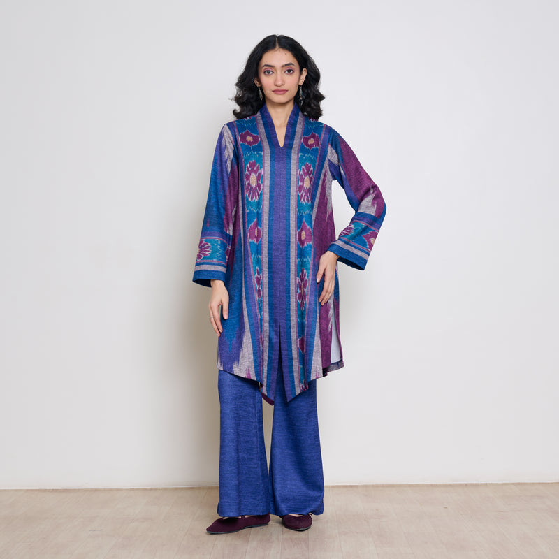 Autumn Woollen Coord Set - Porcelain Blue & Multicolour