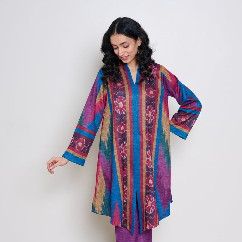 Autumn Woollen Coord Set - Electric Blue & Multicolour