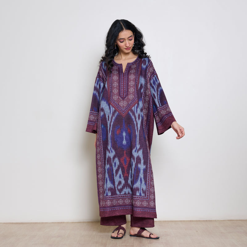 Murmur Woollen Hand Embroidered Long Kurta - Cherry Lacquer