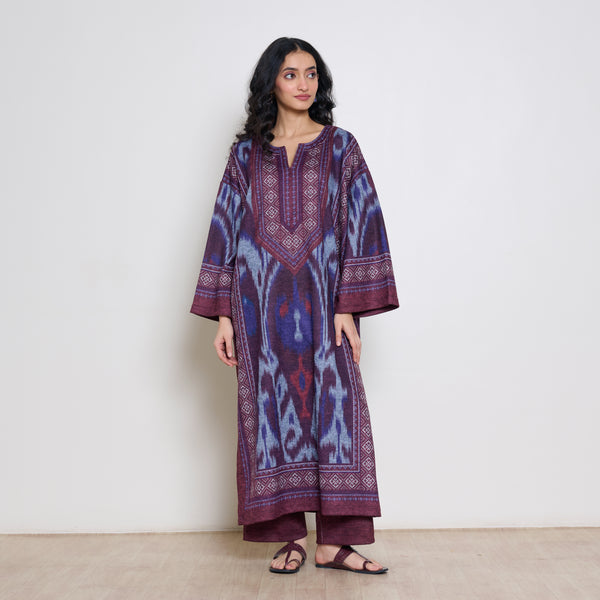 Murmur Woollen Hand Embroidered Long Kurta - Cherry Lacquer