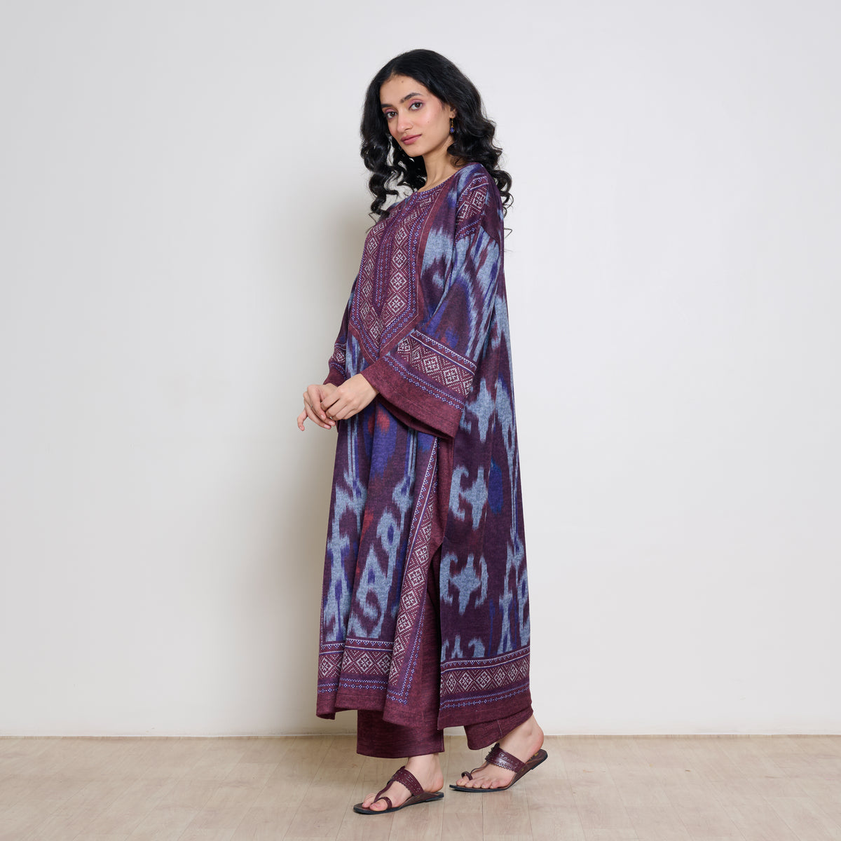 Murmur Woollen Hand Embroidered Long Kurta - Cherry Lacquer