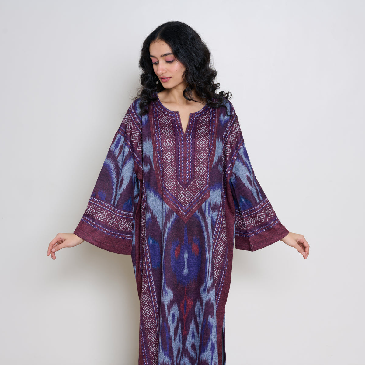 Murmur Woollen Hand Embroidered Long Kurta - Cherry Lacquer