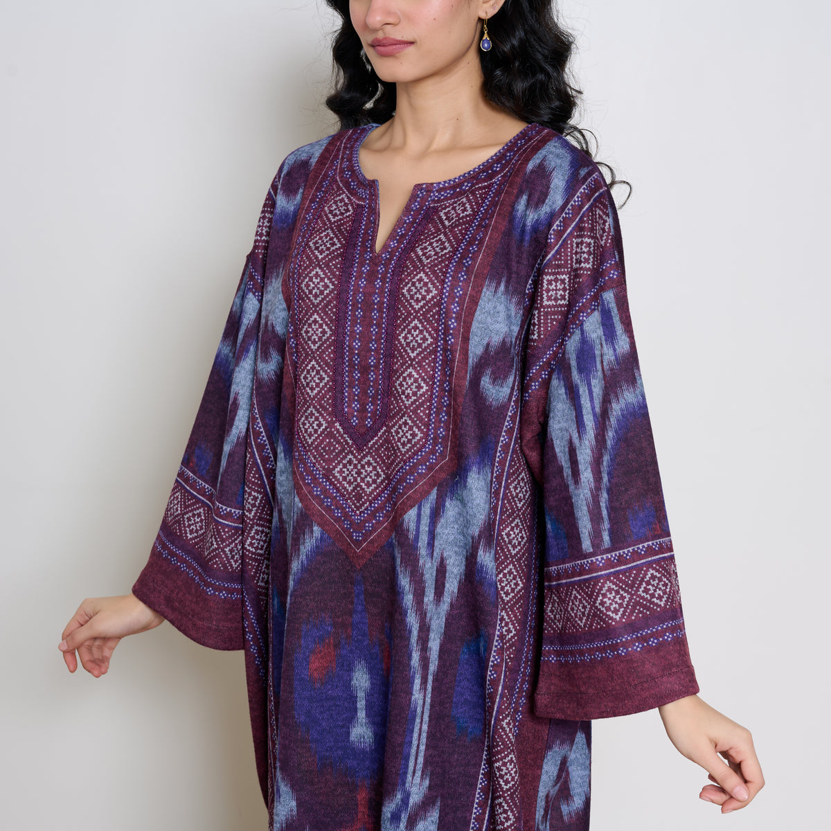 Murmur Woollen Hand Embroidered Long Kurta - Cherry Lacquer