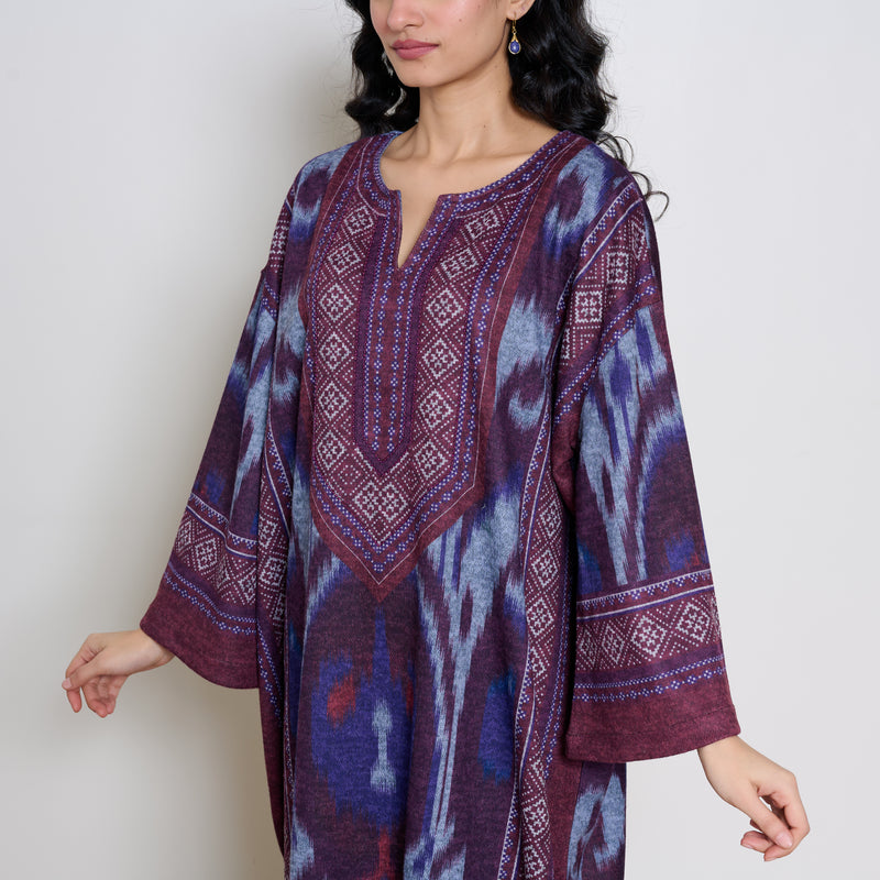 Murmur Woollen Hand Embroidered Long Kurta - Cherry Lacquer