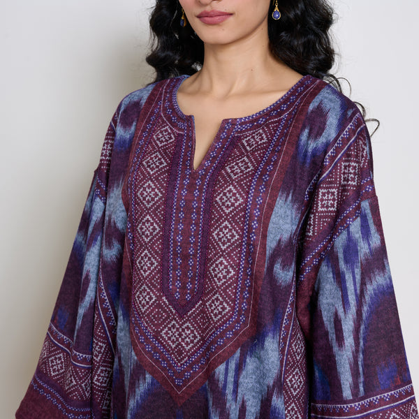 Murmur Woollen Hand Embroidered Long Kurta - Cherry Lacquer