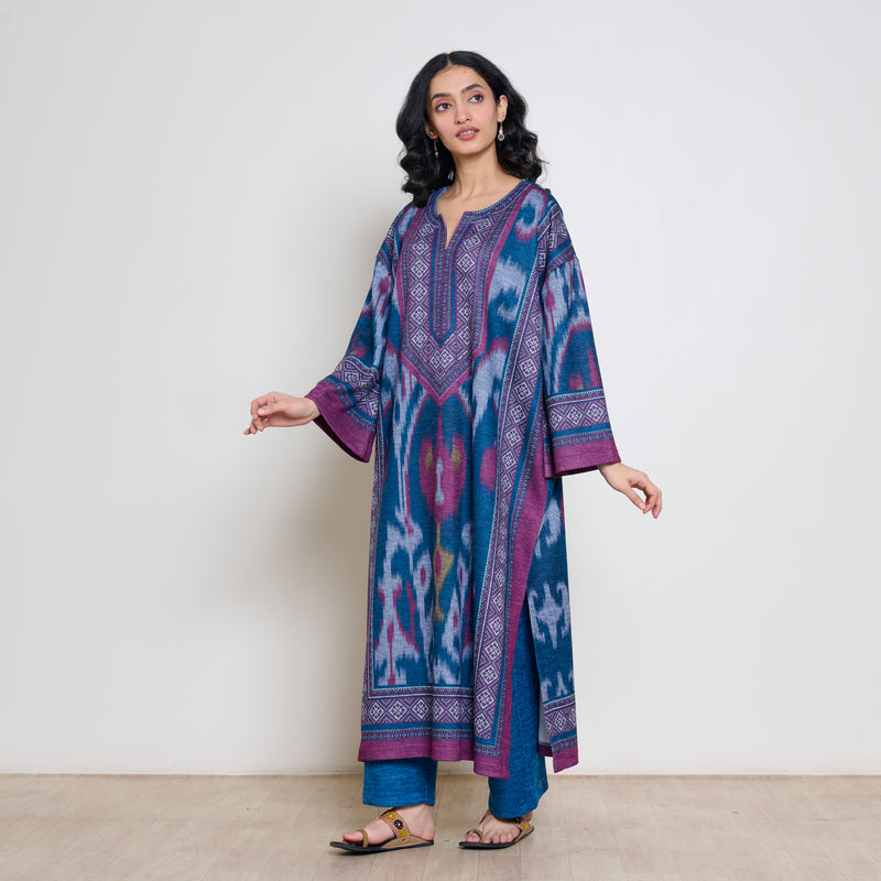 Murmur Woollen Hand Embroidered Long Kurta - Transformative Teal