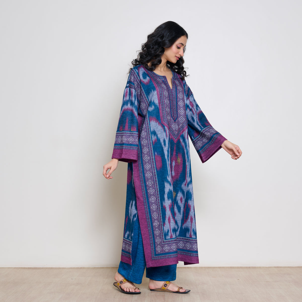 Murmur Woollen Hand Embroidered Long Kurta - Transformative Teal