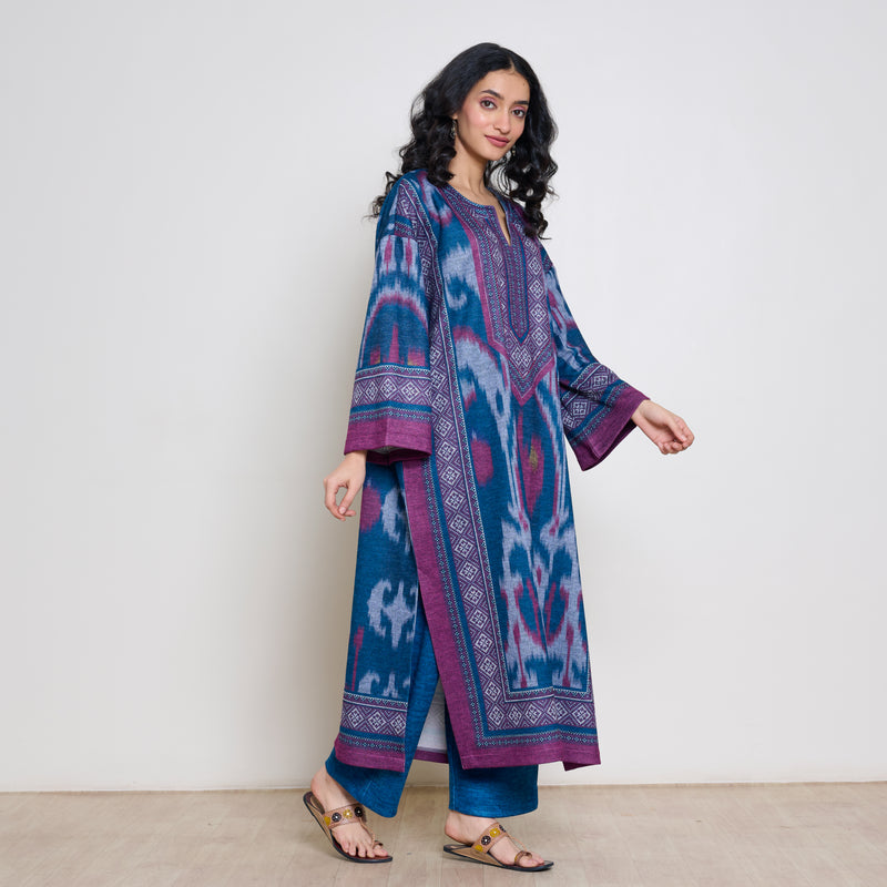 Murmur Woollen Hand Embroidered Long Kurta - Transformative Teal