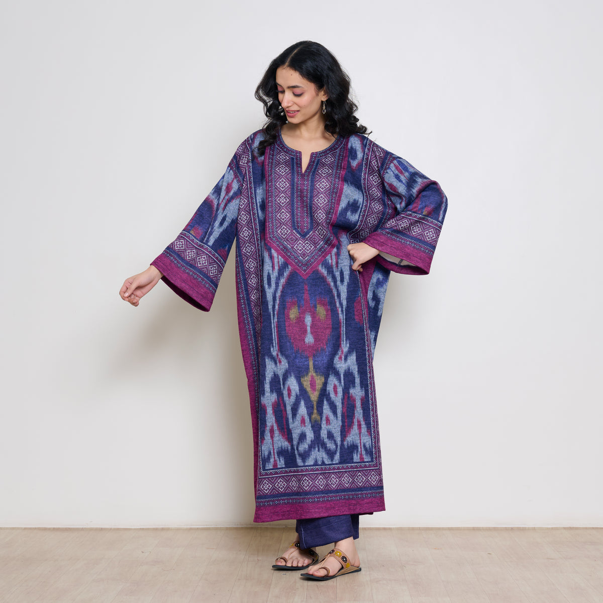 Murmur Woollen Hand Embroidered Long Kurta - Violet