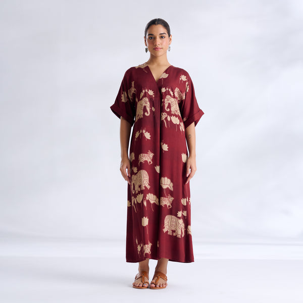 Ele Fun Modal Satin Dress - Maroon