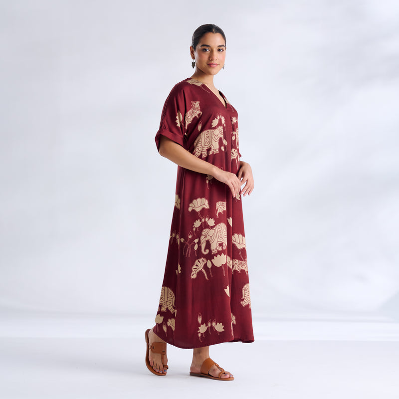 Ele Fun Modal Satin Dress - Maroon