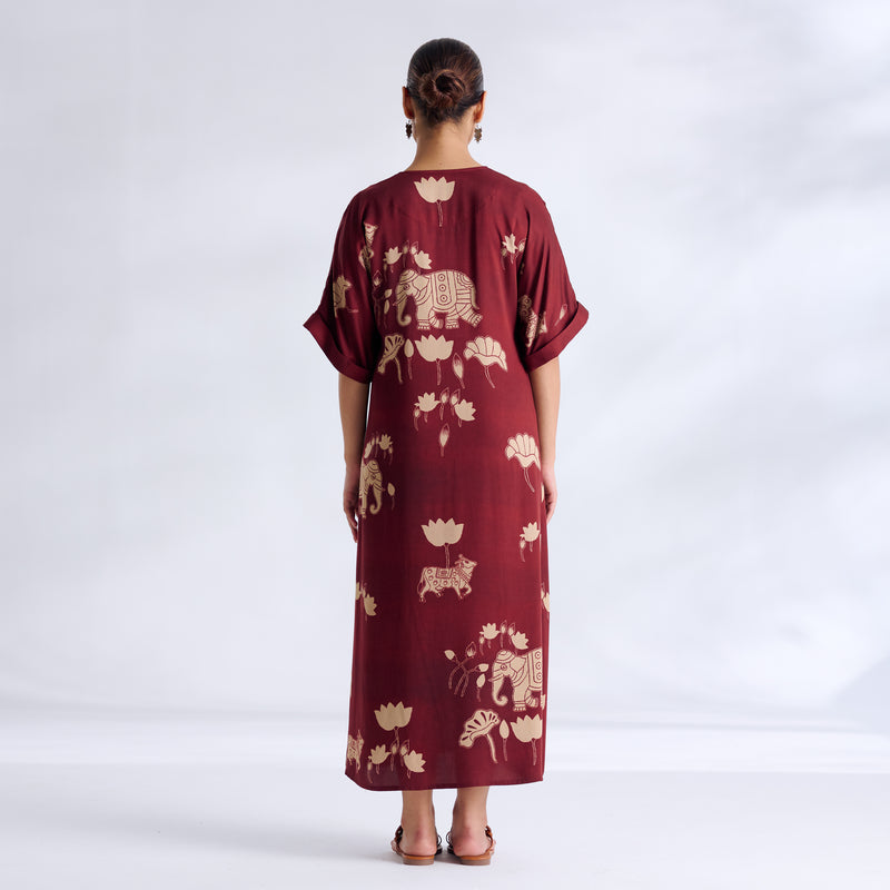 Ele Fun Modal Satin Dress - Maroon