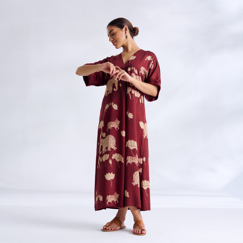 Ele Fun Modal Satin Dress - Maroon