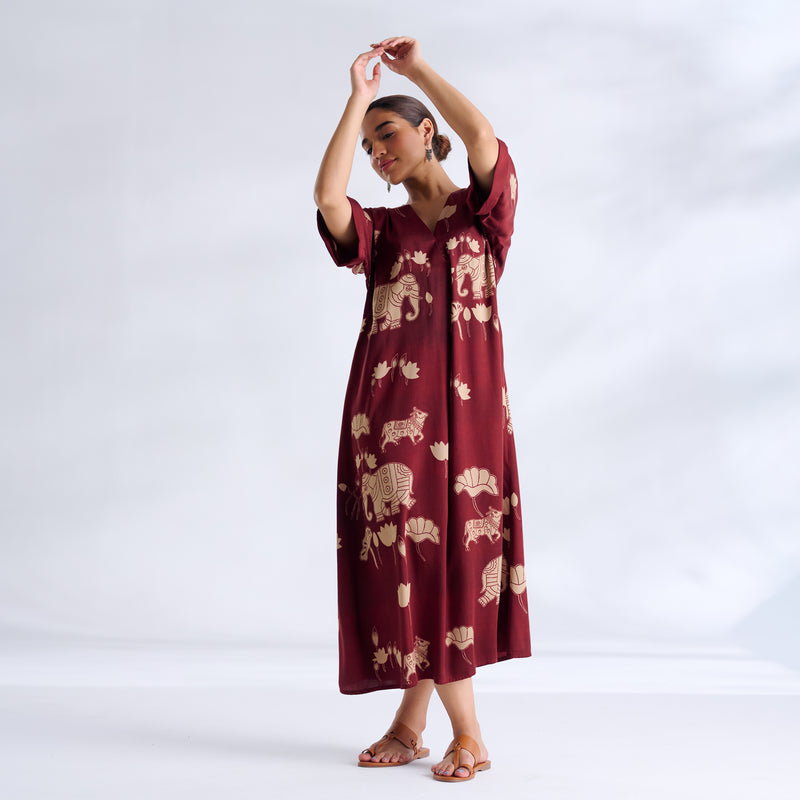 Ele Fun Modal Satin Dress - Maroon