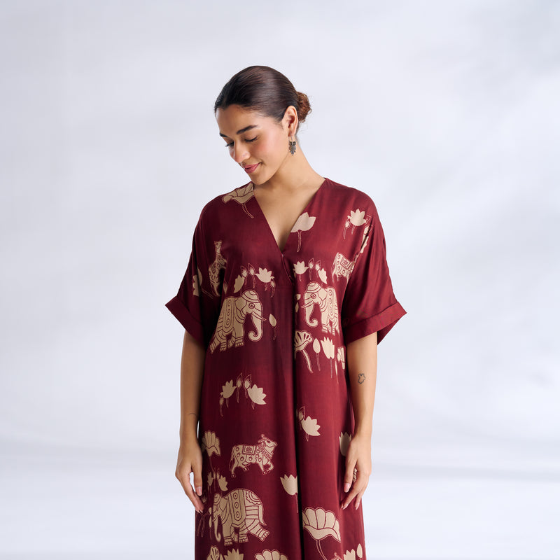 Ele Fun Modal Satin Dress - Maroon