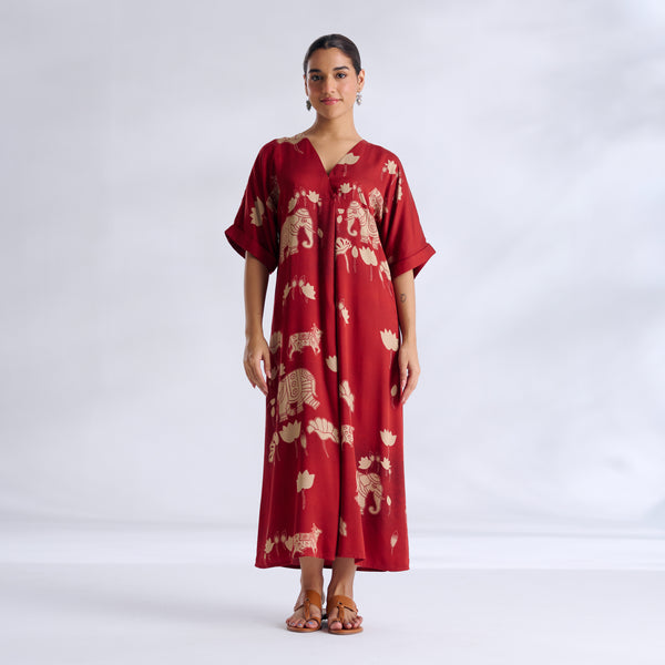 Ele Fun Modal Satin Dress - Rust Orange