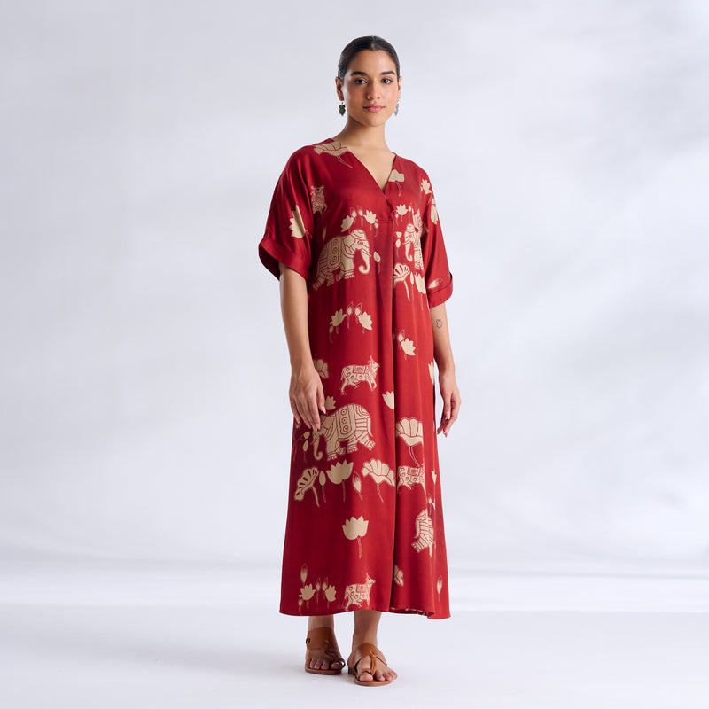Ele Fun Modal Satin Dress - Rust Orange