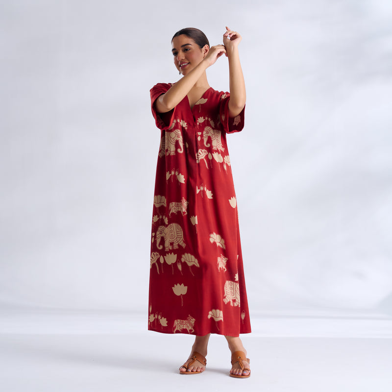 Ele Fun Modal Satin Dress - Rust Orange