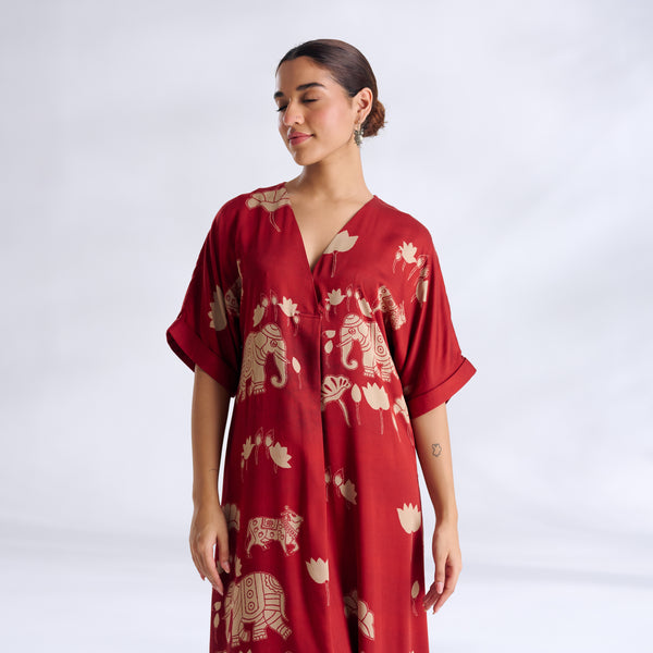 Ele Fun Modal Satin Dress - Rust Orange