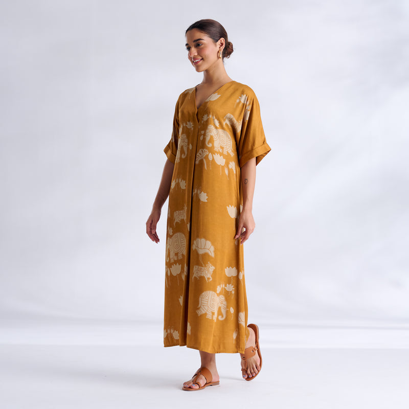 Ele Fun Modal Satin Dress - Yellow