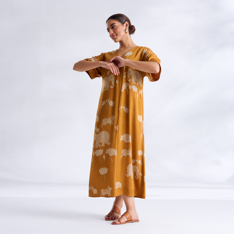 Ele Fun Modal Satin Dress - Yellow