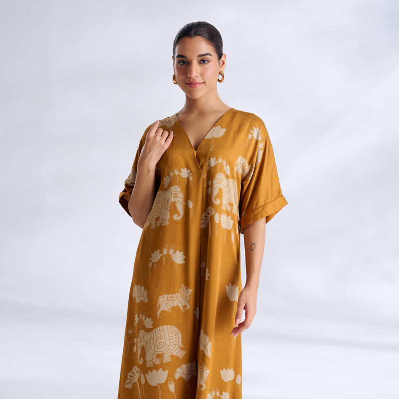 Ele Fun Modal Satin Dress - Yellow