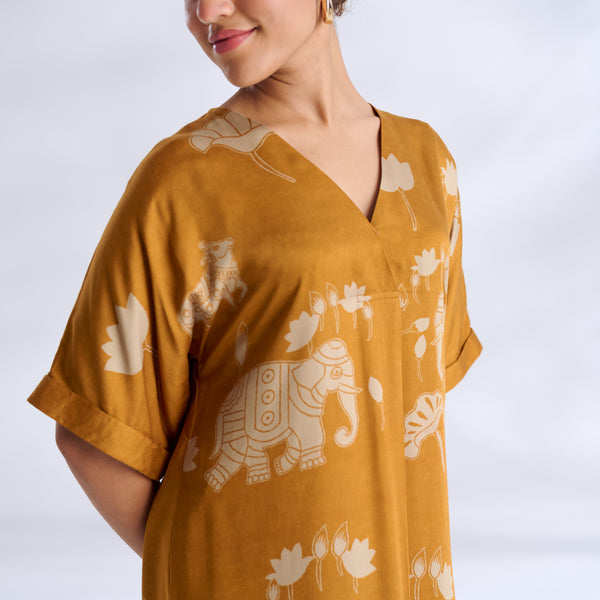 Ele Fun Modal Satin Dress - Yellow