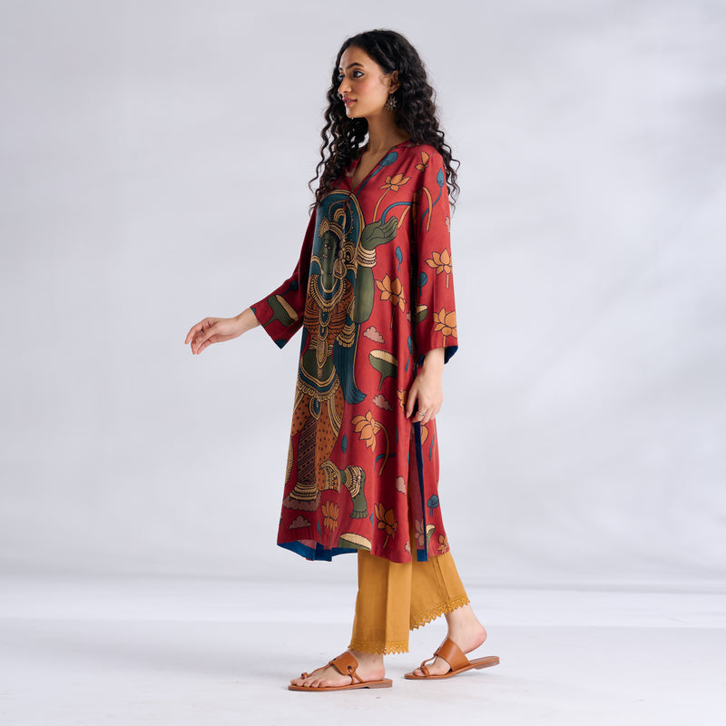 Rasika Modal Satin Kurta Set - Rust