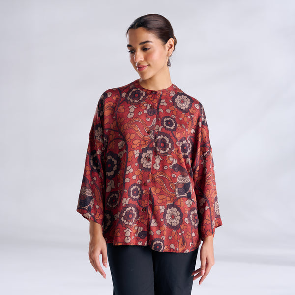 Vanya Modal Satin Oversized Shirt - Maroon