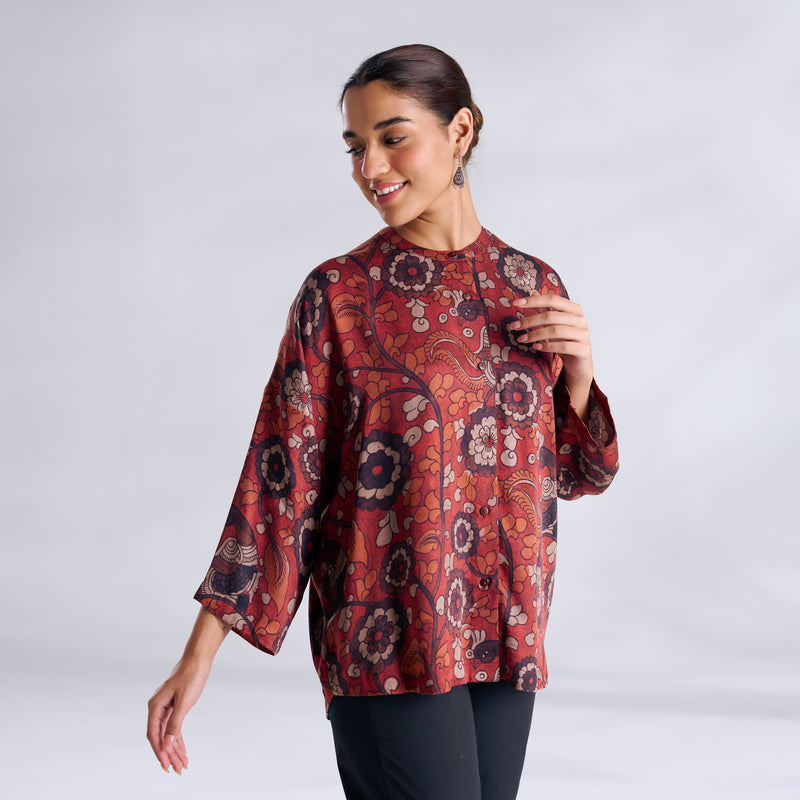 Vanya Modal Satin Oversized Shirt - Maroon