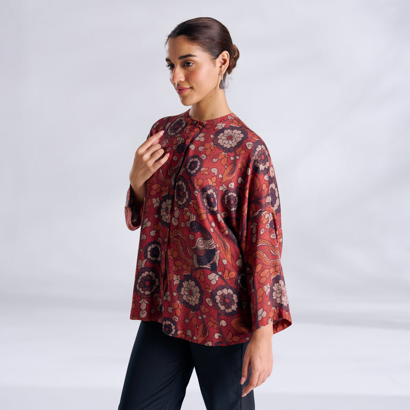 Vanya Modal Satin Oversized Shirt - Maroon