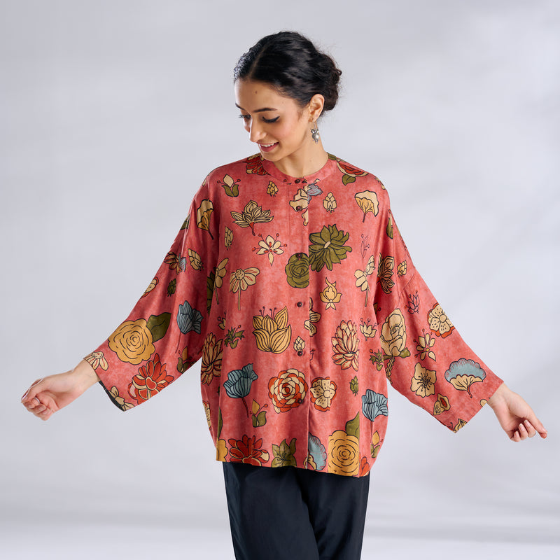 Mirin Modal Satin Oversized Shirt - Aurora Peach