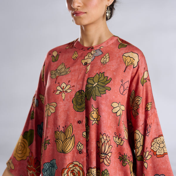 Mirin Modal Satin Oversized Shirt - Aurora Peach