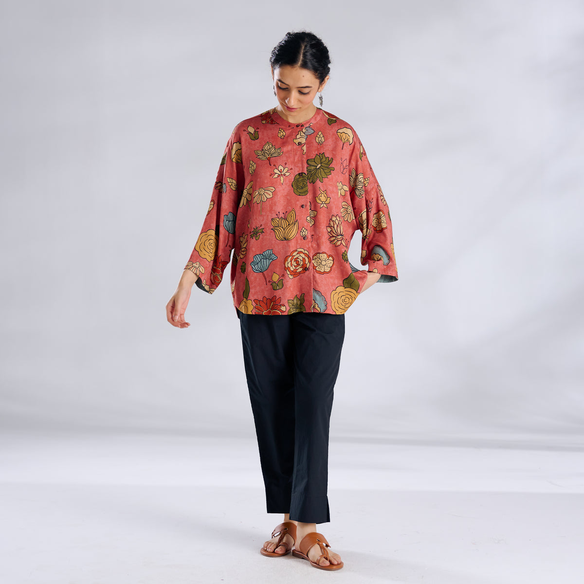 Mirin Modal Satin Oversized Shirt - Aurora Peach