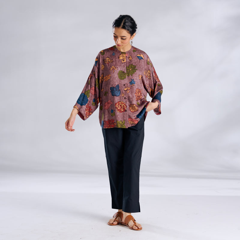 Mirin Modal Satin Oversized Shirt - Stone Grey