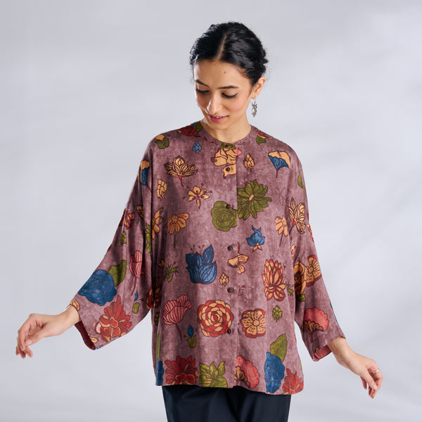 Mirin Modal Satin Oversized Shirt - Stone Grey