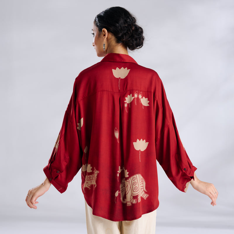 Ele Fun Oversized Modal Satin Shirt - Rust