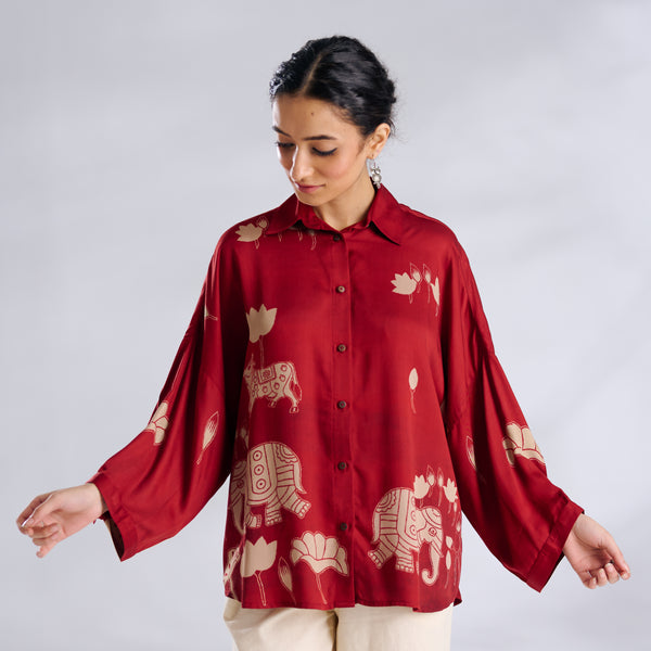 Ele Fun Oversized Modal Satin Shirt - Rust