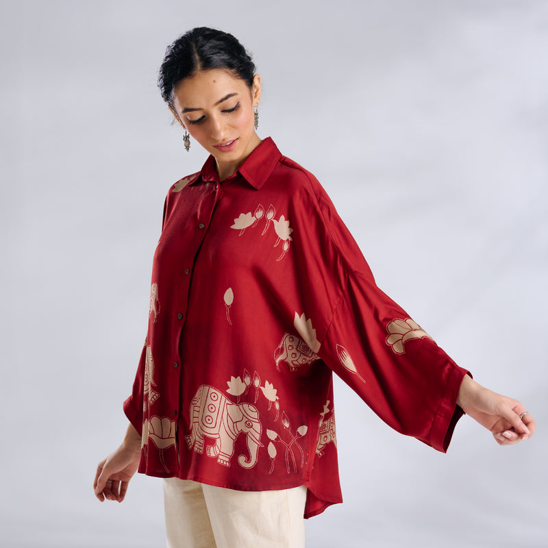 Ele Fun Oversized Modal Satin Shirt - Rust