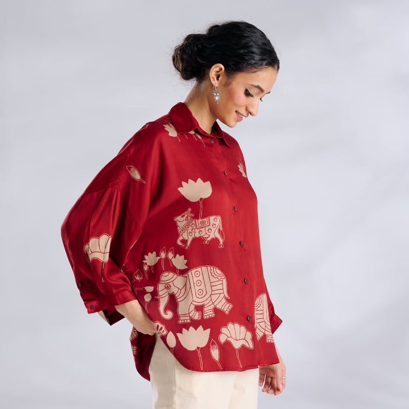Ele Fun Oversized Modal Satin Shirt - Rust