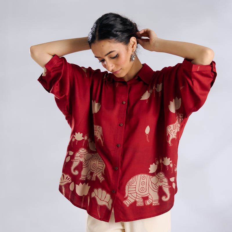 Ele Fun Oversized Modal Satin Shirt - Rust