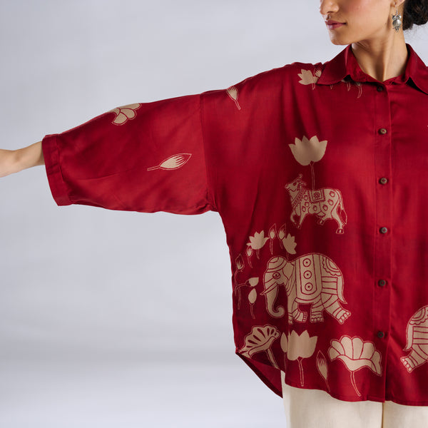 Ele Fun Oversized Modal Satin Shirt - Rust