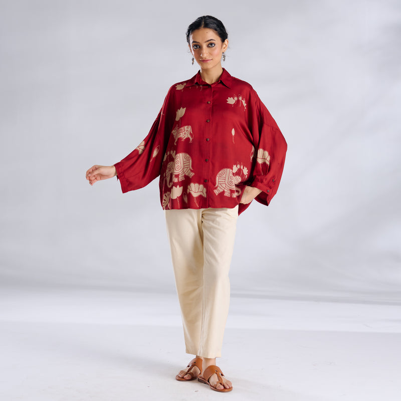 Ele Fun Oversized Modal Satin Shirt - Rust